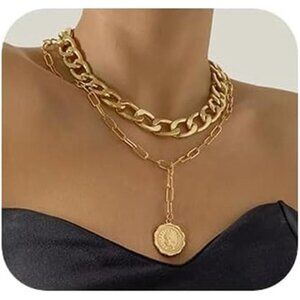 Women Gold Boho Cuban Chunky Necklace Layered Paperclip Chain with Coin Pendant